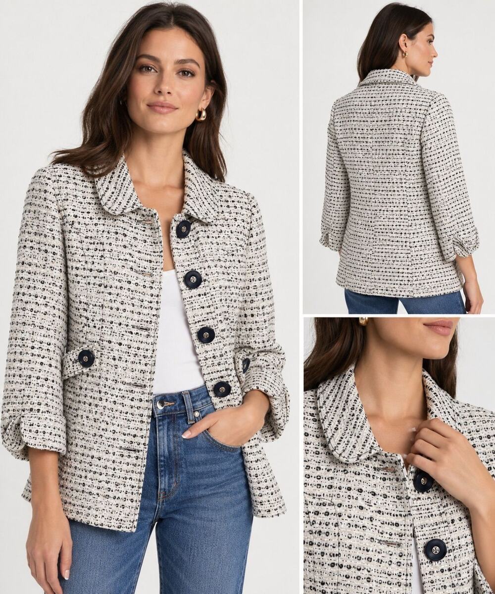 Tory Burch Ivory Deep Navy Tweed Boucle Jacket Size 14